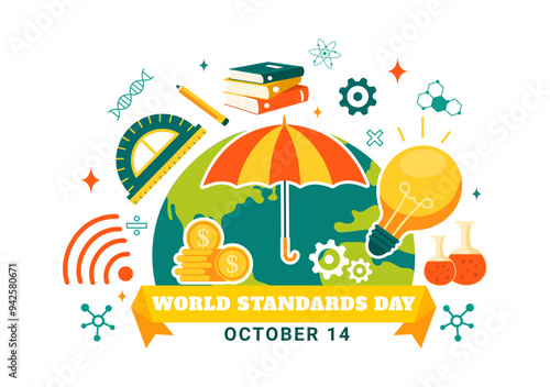 World Standards Day Vector Illustration on October 14 featuring a Globe, Stopwatch, Ruler Scale, and Quality Board in a Flat Style Cartoon Background
