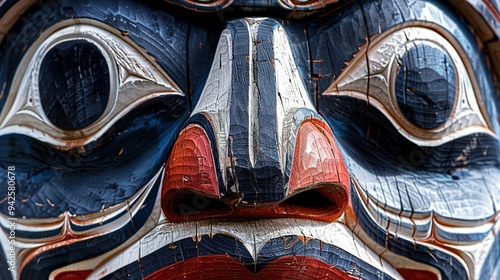 Pacific Northwest Haida Art: Traditional Inuit Haida Eskimo Stylized Face Mask in Textured Black, White, Red, and Blue