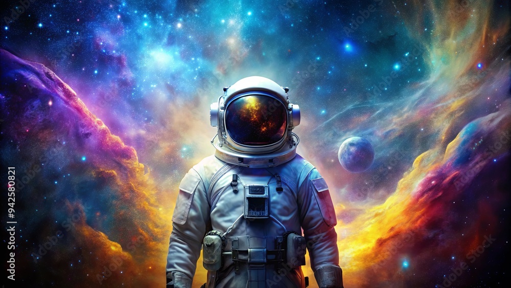 Astronaut in space suit facing colorful nebula with stars in the cosmos Astronaut in space suit facing colorful nebula with stars in the cosmos