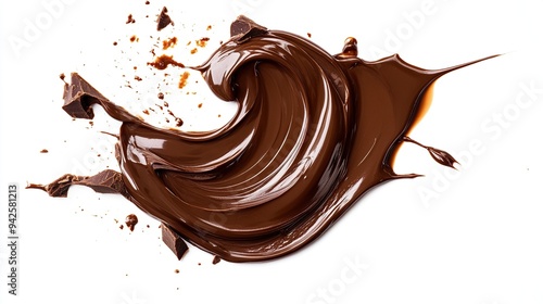 Melted Chocolate Splashes and Pieces on White Background