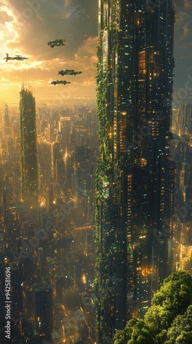 Futuristic Cityscape with a Towering Green Building photo