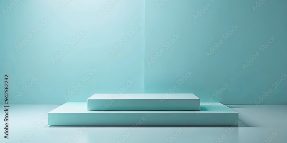Two tiered light blue platform with minimalist design for product display Two tiered light blue platform with minimalist design for product display