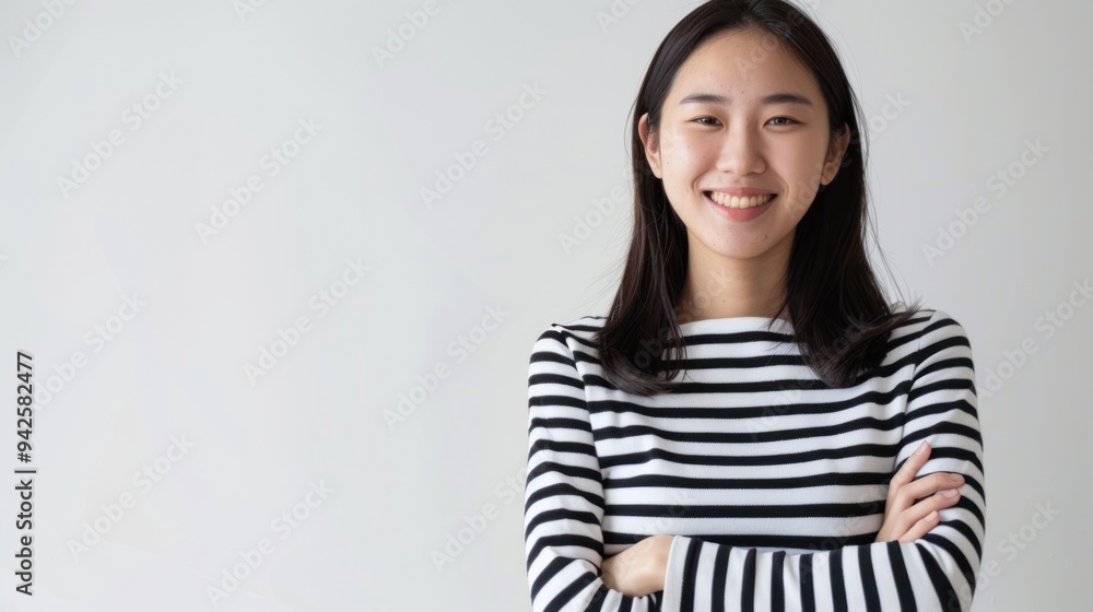 Smiling Asian Woman in Striped Shirt Smiling Asian Woman in Striped Shirt
