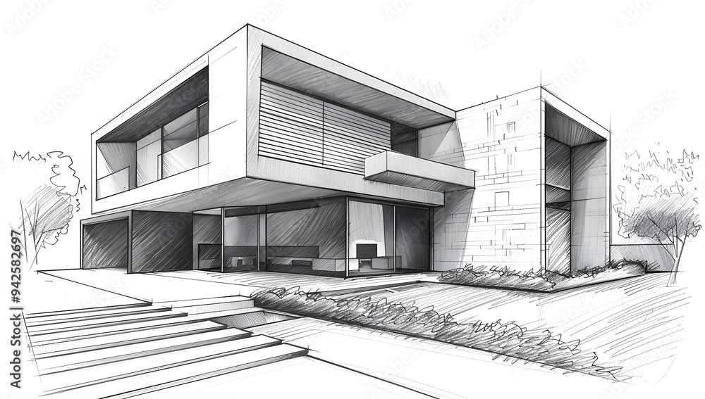 Architectural sketch of a modern house with a minimalist design ...