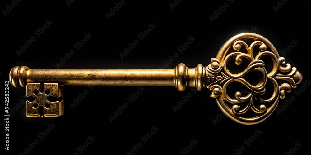 Obraz premium Vintage golden key displayed on a black background, creating an antique and retro look
