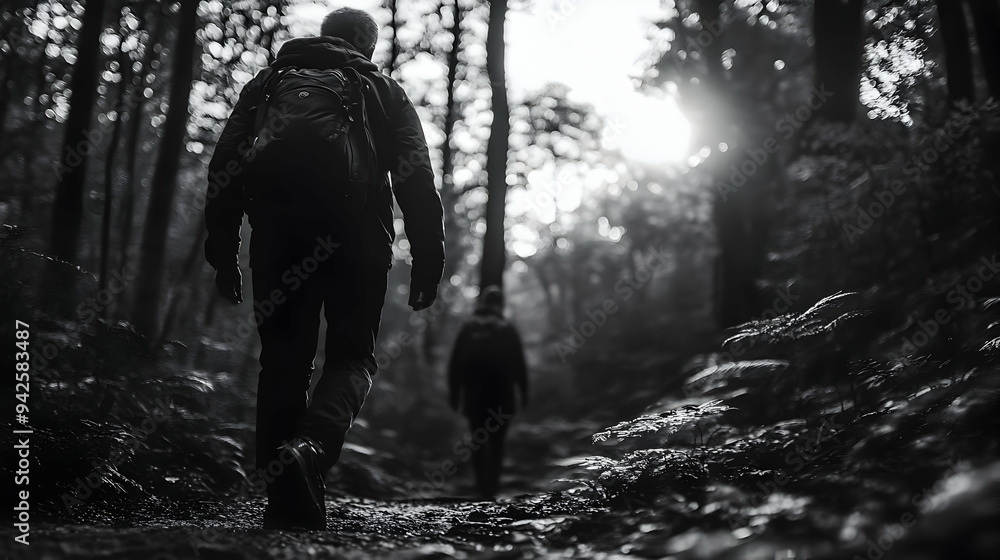 Silhouettes of two people walking on a path in the woods. Silhouettes of two people walking on a path in the woods.