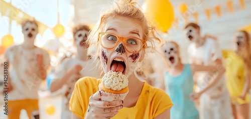 A zombie partygoer biting into a brainshaped cupcake, with other undead guests mingling in the background zombie halloween party concept. photo