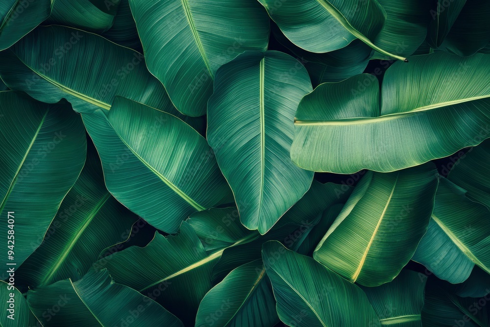 Obraz premium Abstract bold green leaves texture background, elegant tropical banana leaf details, nature wallpaper, vintage tone, deep shading, foliage, ecology concept, dark moody feel. refined,elegance. leaf, ai