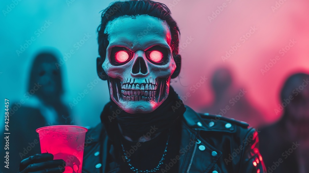 A zombie partygoer holding a glowing skull drink, standing near a foggy graveyard backdrop zombie halloween party concept. A zombie partygoer holding a glowing skull drink, standing near a foggy graveyard backdrop zombie halloween party concept.