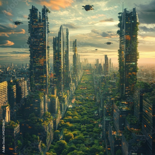 Futuristic Cityscape with Skyscrapers Covered in Vegetation photo