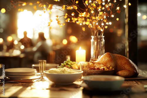 A view of an autumnal and colourfully decorated table for the feast of Thanksgiving. In the background are seated people. AI generative. photo