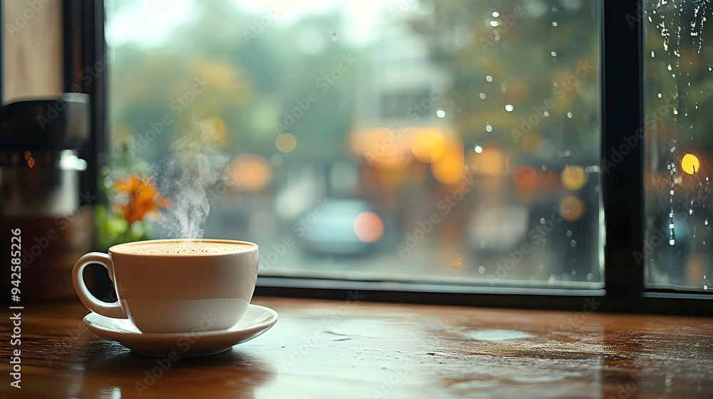 Steaming cup of coffee on a wooden table by a rainy window. Steaming cup of coffee on a wooden table by a rainy window.