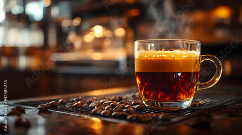 Steaming cup of coffee with...