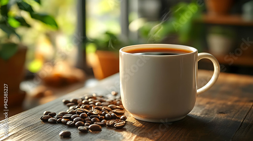 Steaming cup of coffee on a...