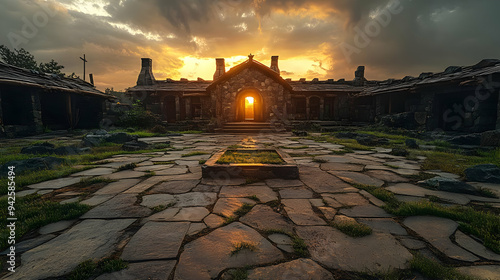Stone courtyard with an ope...
