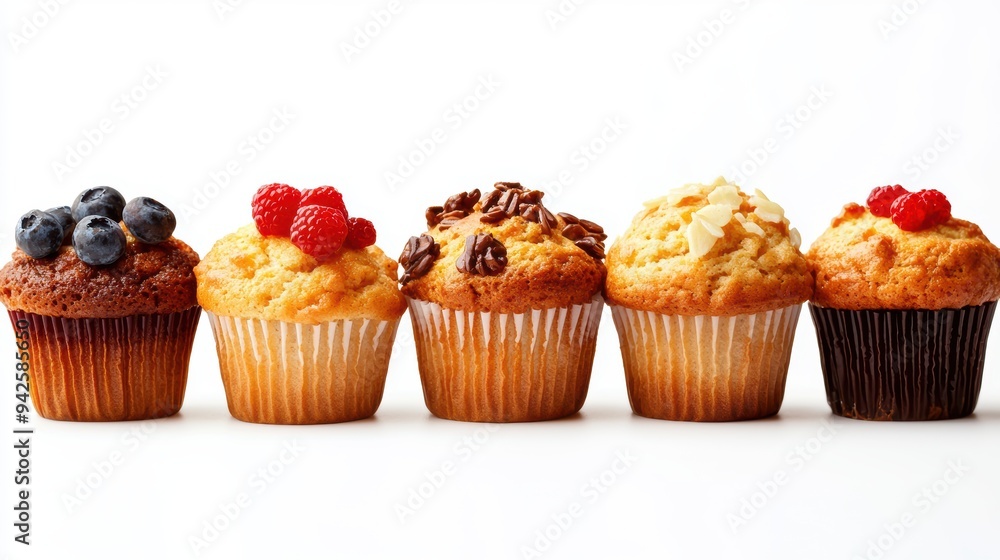 Beautifully arranged muffins with various toppings on a white background, perfect for dessert or bakery-themed projects. Beautifully arranged muffins with various toppings on a white background, perfect for dessert or bakery-themed projects.
