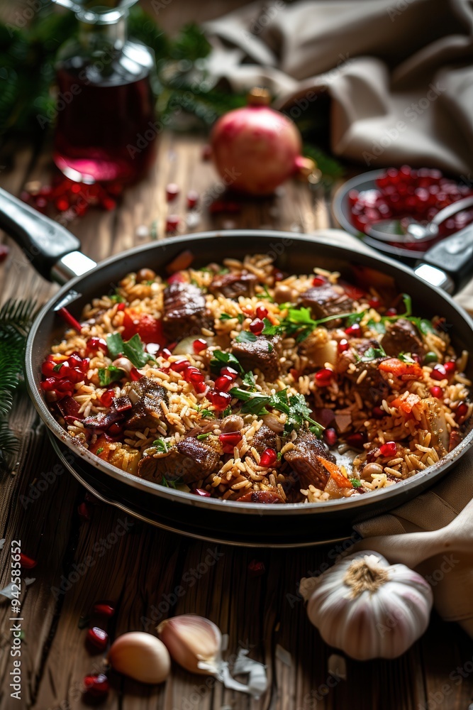 Festive beef biryani dish in a pan, garnished with fresh herbs, in a cozy setting. Festive beef biryani dish in a pan, garnished with fresh herbs, in a cozy setting.