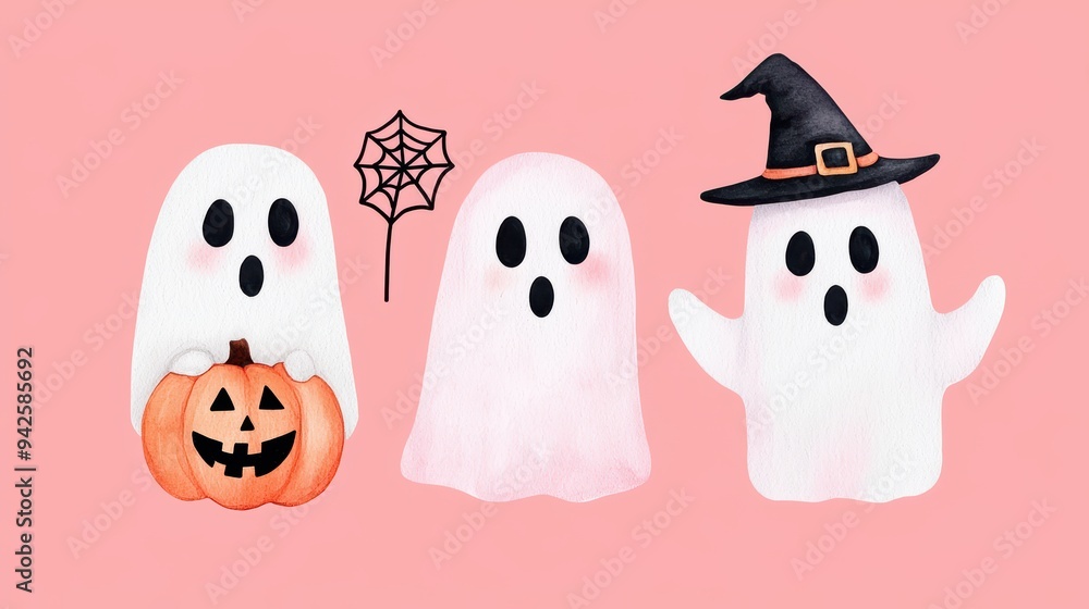 Obraz premium Colorful and cheerful Halloween ghosts with a pumpkin, spider web, and witch hat on a pink background.