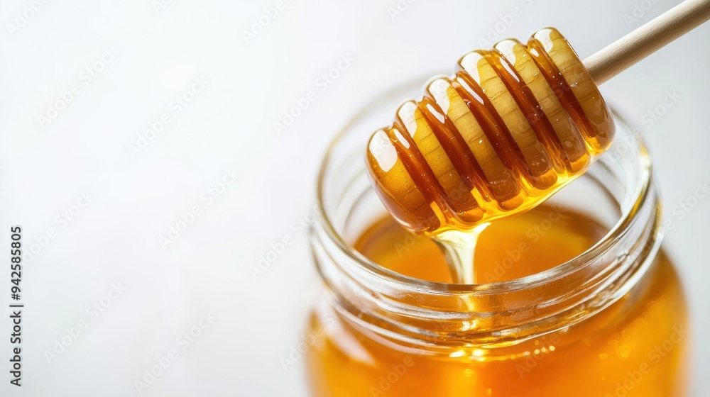 Golden honey drips from a wooden dipper into a clear jar, showcasing its rich color and texture. Golden honey drips from a wooden dipper into a clear jar, showcasing its rich color and texture.