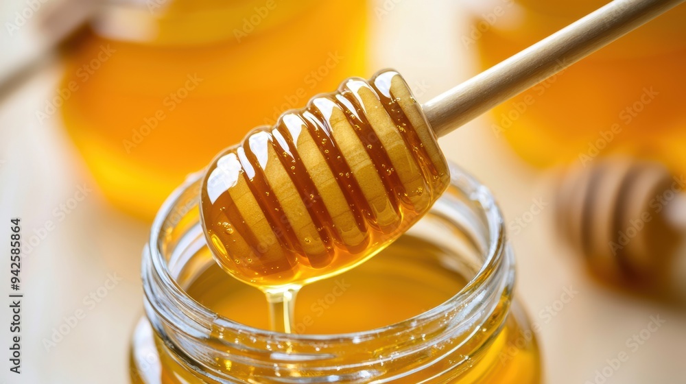 Golden honey drips from a wooden honey dipper into a glass jar, showcasing its rich texture and sweetness in a warm setting. Golden honey drips from a wooden honey dipper into a glass jar, showcasing its rich texture and sweetness in a warm setting.