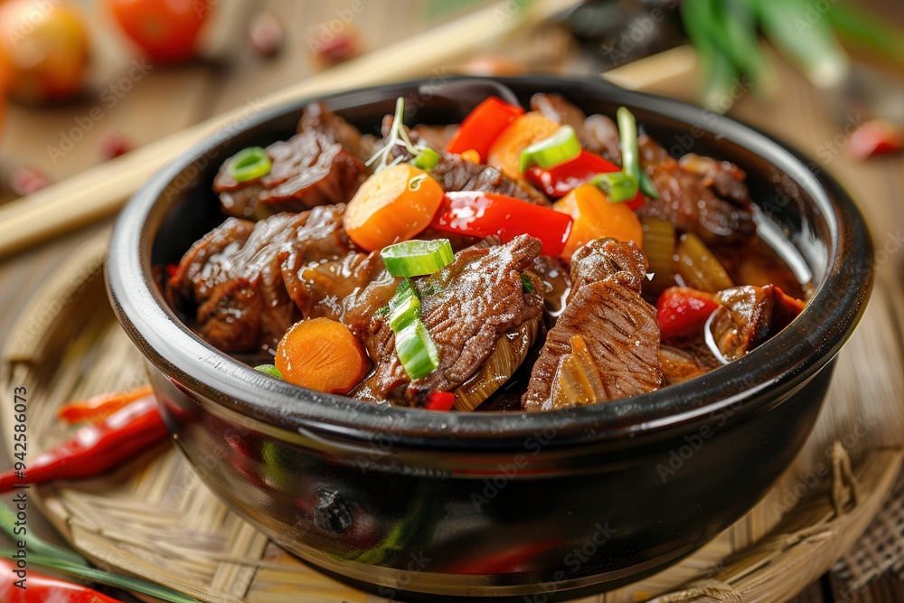 Delicious beef curry in a black clay pot, garnished with fresh vegetables, served on a rustic wooden surface. Delicious beef curry in a black clay pot, garnished with fresh vegetables, served on a rustic wooden surface.