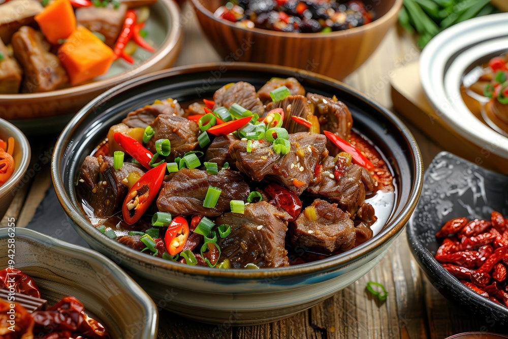 Delicious beef curry in a black clay pot, garnished with fresh vegetables, served on a rustic wooden surface. Delicious beef curry in a black clay pot, garnished with fresh vegetables, served on a rustic wooden surface.