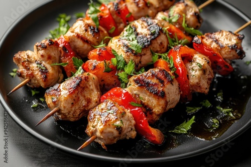 Grilled chicken skewers with charred edges, garnished with fresh herbs, served on a black plate.