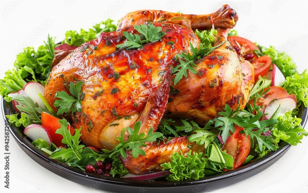 A whole golden-brown holiday turkey on a platter with salad, isolated against a white background, in high-resolution photography style. A whole golden-brown holiday turkey on a platter with salad, isolated against a white background, in high-resolution photography style.
