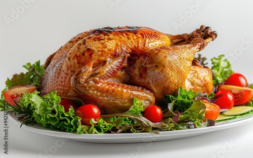 A whole golden-brown holiday turkey on a platter with salad, isolated against a white background, in high-resolution photography style. photo