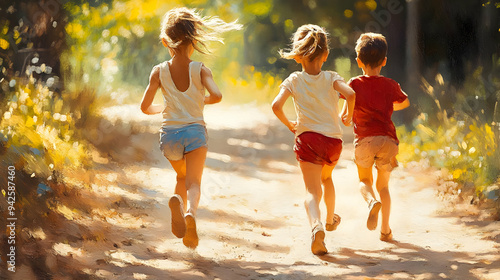 Three children running down...