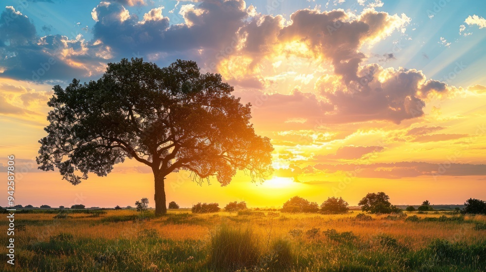 Fototapeta premium Lone Tree Silhouette at Golden Sunset.