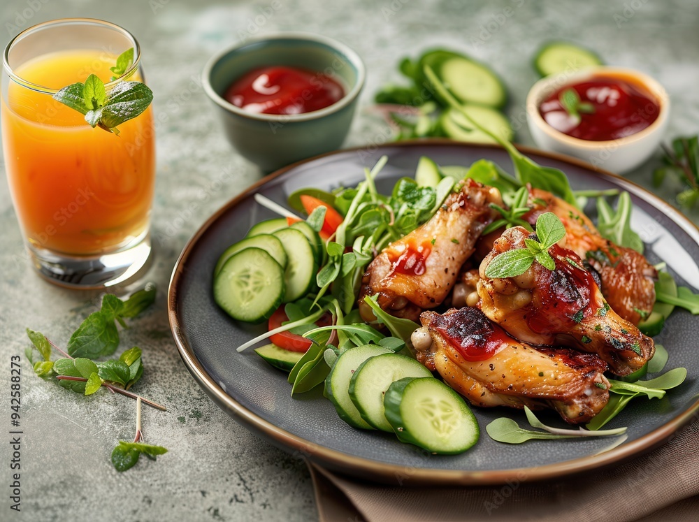 A white plate with fried chicken wings, salad, and sauce on the side, accompanied by a glass of orange juice. A white plate with fried chicken wings, salad, and sauce on the side, accompanied by a glass of orange juice.