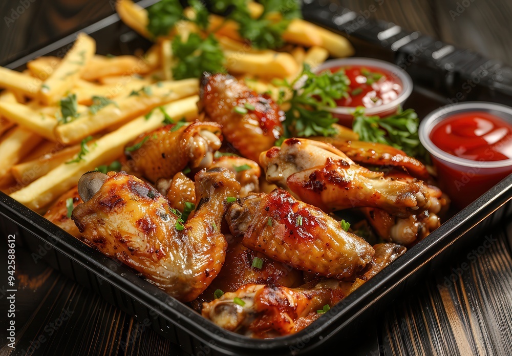 A black plastic tray with chicken wings, fries, and salad, accompanied by a small bowl of ketchup, food photography. A black plastic tray with chicken wings, fries, and salad, accompanied by a small bowl of ketchup, food photography.