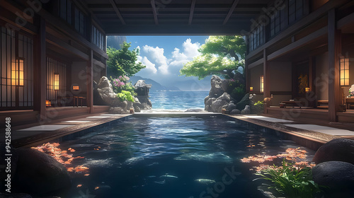 Wallpaper Mural Tranquil Japanese house with a pool overlooking the ocean. Torontodigital.ca