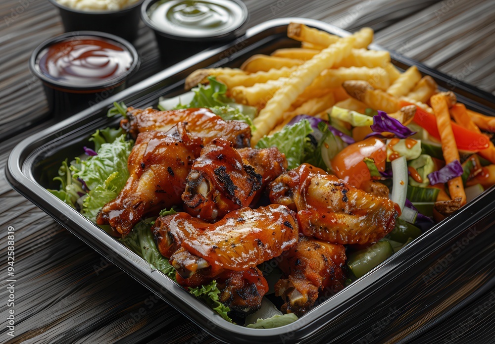 A black plastic tray with chicken wings, fries, and salad, accompanied by a small bowl of ketchup, food photography. A black plastic tray with chicken wings, fries, and salad, accompanied by a small bowl of ketchup, food photography.