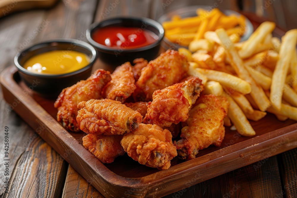 A wooden plate with chicken strips, French fries, and ketchup on a gray background. A wooden plate with chicken strips, French fries, and ketchup on a gray background.