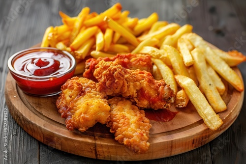 A wooden plate with chicken strips, French fries, and ketchup on a gray background.