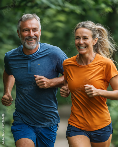 A middle-aged couple is jogging in the park, smiling and laughing while wearing sportswear.