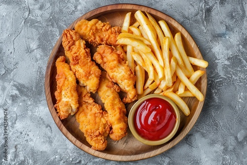 A wooden plate with chicken strips, French fries, and ketchup on a gray background.