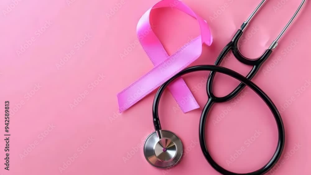 Cancer pink ribbon and stethoscope on pink background Cancer pink ribbon and stethoscope on pink background