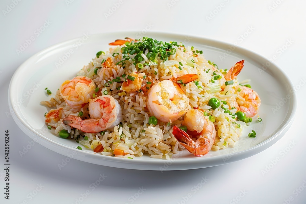 Fried rice with shrimp on a white plate, side view, highly detailed and sharp, isolated plain background. Fried rice with shrimp on a white plate, side view, highly detailed and sharp, isolated plain background.