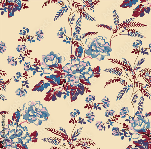 Big flowers pattern, upscale floral pattern. graphical textures floral, trendy colors pattern,Monochrome, flowers background with leaves. vector illustration