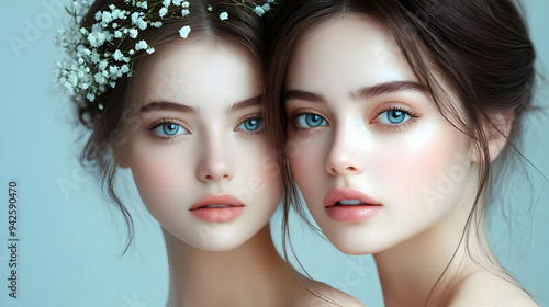 Two young women with blue e...