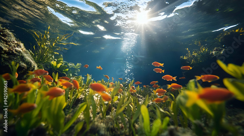 Underwater scene with sun r...