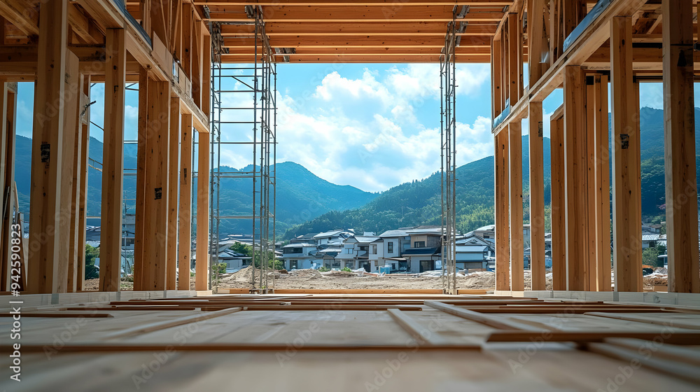 Fototapeta premium View from the inside of a wooden frame house under construction, showing a blue sky, green hills and houses.