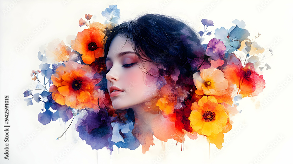 Fototapeta premium Watercolor painting of a woman's face surrounded by colorful flowers.