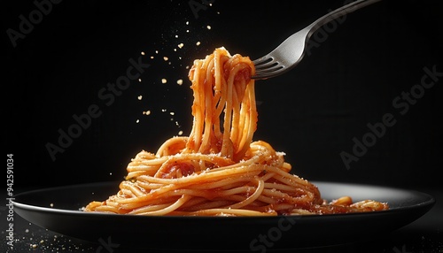 A close-up shot of a fork twirling spaghetti with tomato sauce, topped with grated cheese against a black background.