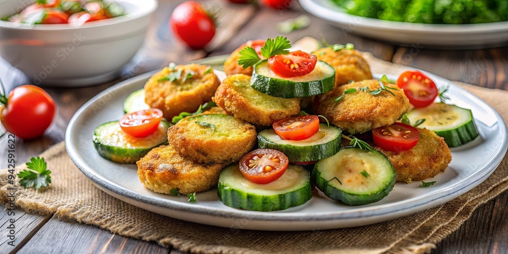 Crispy fried zucchini bites with fresh cucumber and tomatoes, perfect vegetarian appetizer