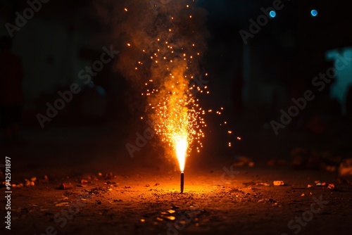 beautiful night photograph diwali rocket launching hot fire work flames crackers burst Deepavali hindu festival colourful wallpaper night background south india pollution smoke empty negative, ai
