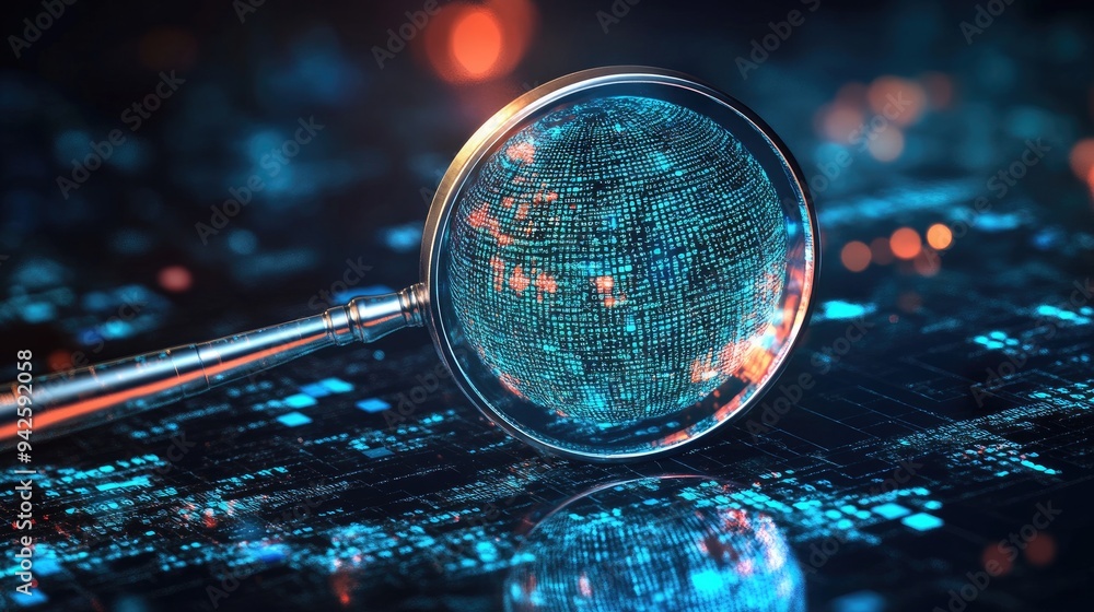 Magnifying Glass Enlarging a Digital Globe with Binary Code Magnifying Glass Enlarging a Digital Globe with Binary Code